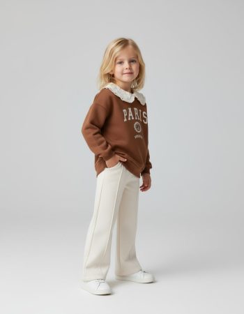 Girls' Cotton Brown Paris Print Lace Collar Sweatshirt and Ecru Pants Set