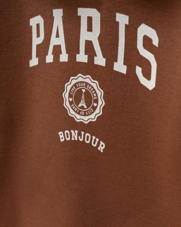 Girls' Cotton Brown Paris Print Lace Collar Sweatshirt and Ecru Pants Set