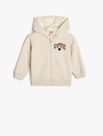 Girls' Baby Hooded Zip-Up Slogan Print Cotton Blend Sweatshirt