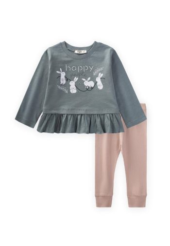 Ruffled Leggings Set with Bunny Print for Ages 1-6 in Sage Green