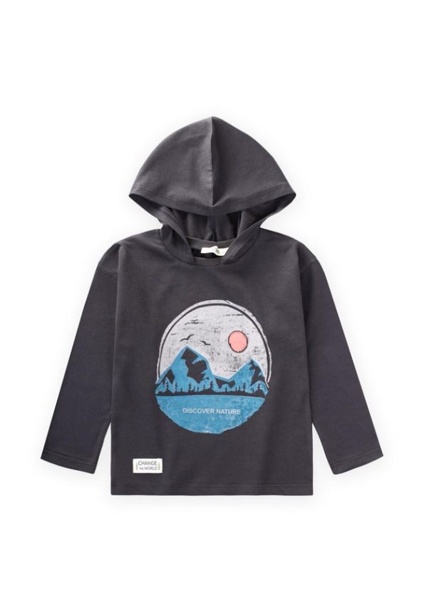 Printed Hooded Seasonal T-Shirt for Kids 2-10 Years Dark Gray