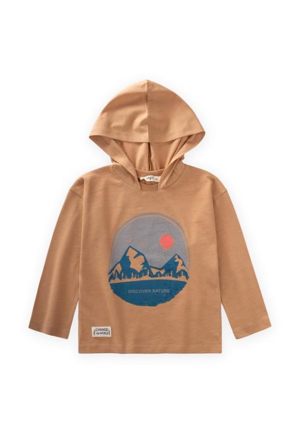 Printed Hooded Seasonal T-Shirt for Ages 2-10 in Camel