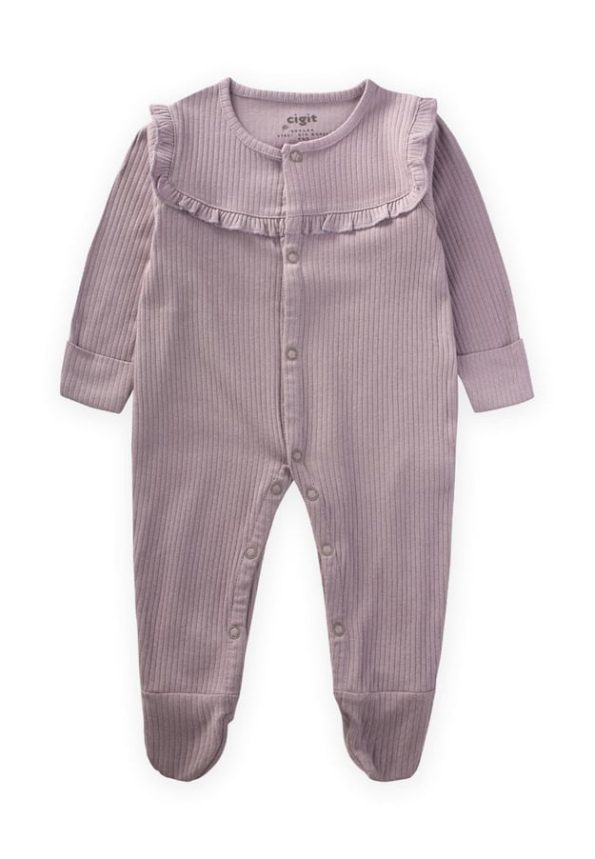 Ruffled Cuffed Footed Baby Romper 0-6 Months Lilac