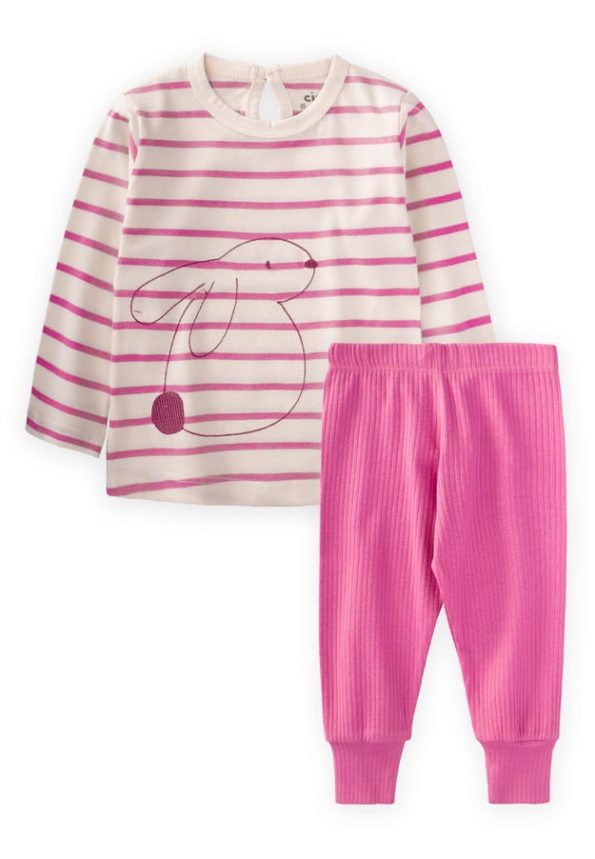 Striped Rabbit Embroidered Seasonal T-Shirt Set for Ages 1-7 Fuchsia