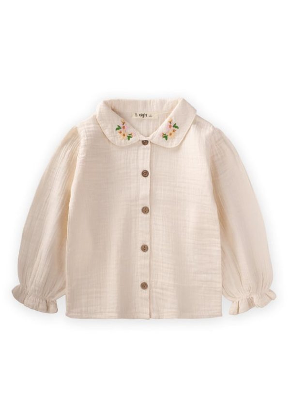 Embroidered Muslin Shirt for Ages 2-8 Natural