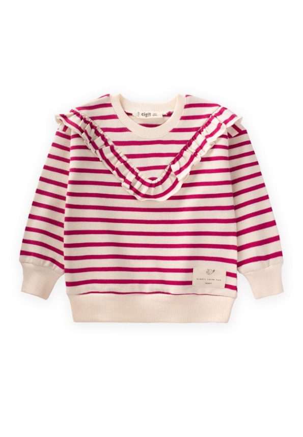 Ruffled Detail Striped Knit Girls Sweatshirt 1-8 Years Fuchsia