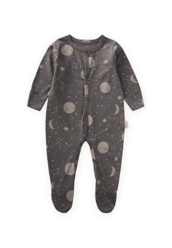 Footed Patterned Romper with Built-in Mittens 0-9 Months Gray