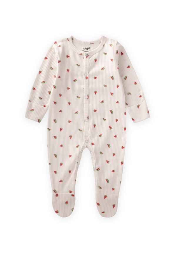 Footed Patterned Romper with Gloves 0-9 Months Watermelon Print