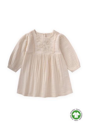 Organic Embroidered Lace Detail Muslin Dress for Ages 1-10 Natural