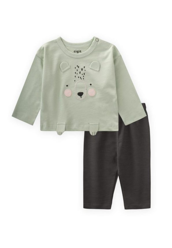 Animal Appliqué Long Sleeve T-Shirt Set for Ages 0-4 Mint Green