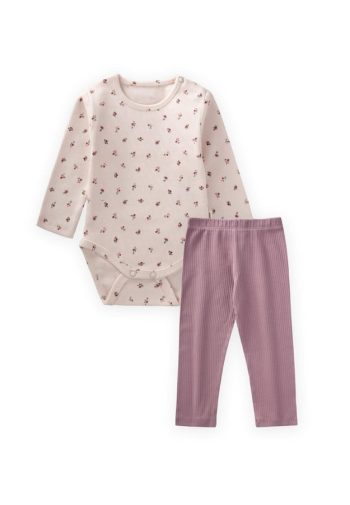 Patterned Long Sleeve Bodysuit Set for Ages 0-3 Cream
