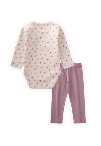 Patterned Long Sleeve Bodysuit Set for Ages 0-3 Cream