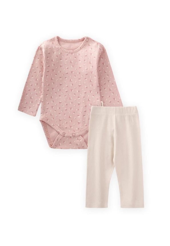 Patterned Long Sleeve Bodysuit Set 0-3 Years Powder Pink