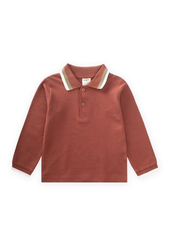 Long Sleeve Polo Collar T-Shirt for Ages 2-14 - Terracotta