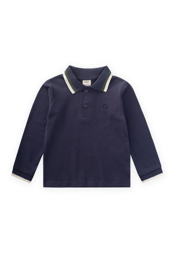 Long Sleeve Polo Collar T-Shirt for Ages 2-14 Navy Blue