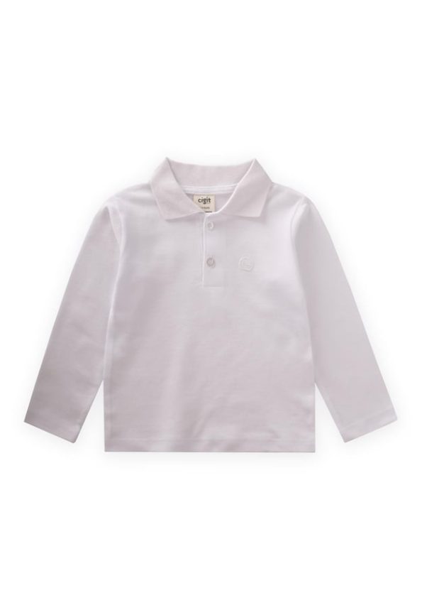 Long Sleeve Polo Collar T-Shirt for Ages 2-14 Off-White