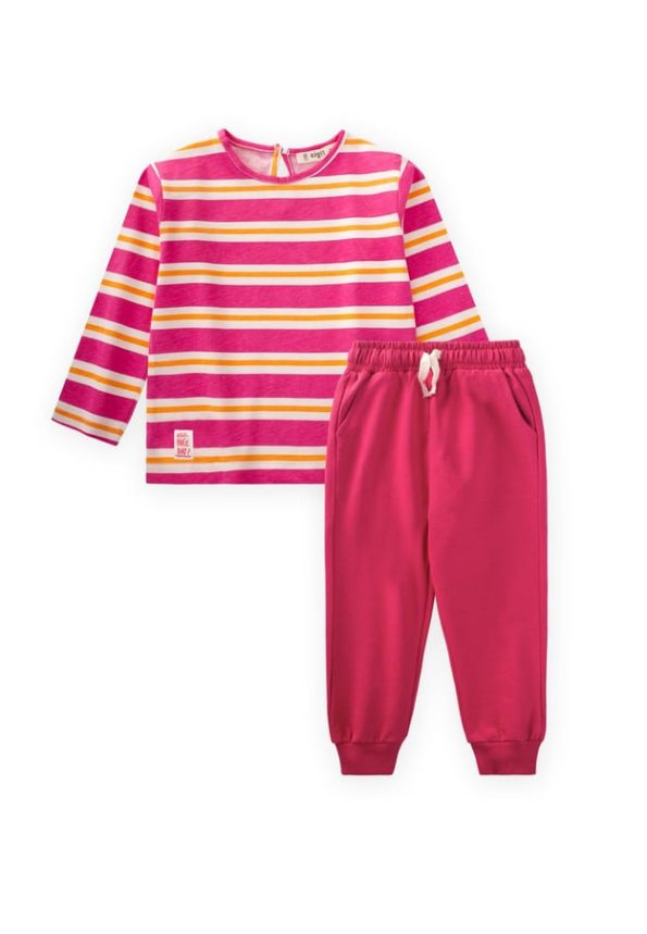 Striped Long Sleeve T-Shirt Set for Ages 2-12 in Fuchsia and Orange
