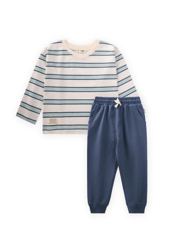 Striped Long Sleeve T-Shirt Set for Ages 2-12 in Blue and Navy