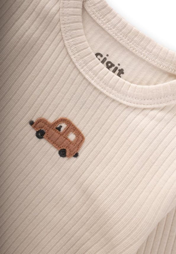 Car Embroidered Baby Set 0-3 Years Light Beige