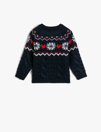 Girls' Round Neck Long Sleeve Patterned Knit Sweater