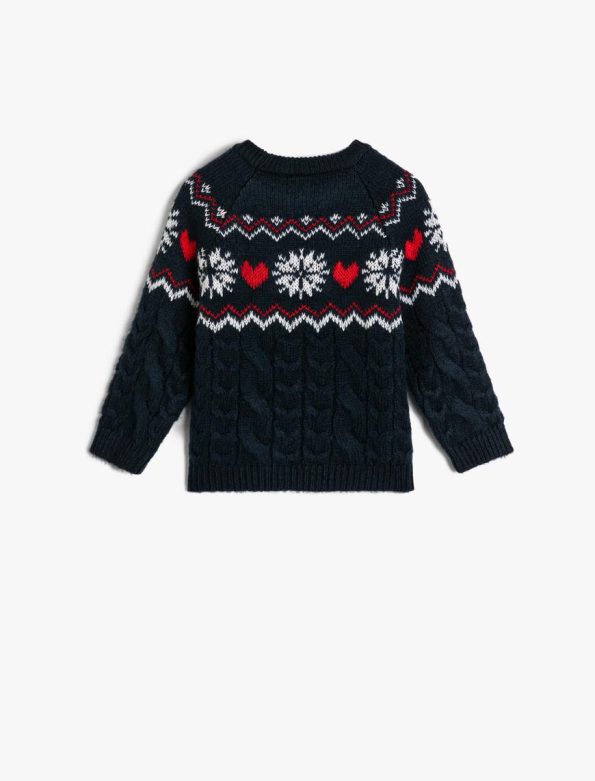 Girls' Round Neck Long Sleeve Patterned Knit Sweater