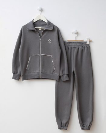 Girls' Cotton Grey Zip-Up Tracksuit - Comfortable with Pockets