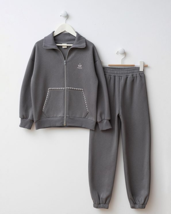 Girls' Cotton Grey Zip-Up Tracksuit - Comfortable with Pockets