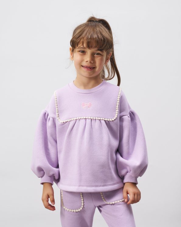Girls' Cotton Lilac Sweatshirt and Pants Set with Pearl Details - Balloon Sleeves