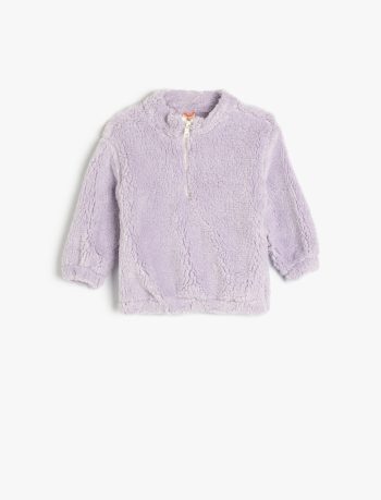 Girls' Baby Long Sleeve Zipper Detail Basic Plush Sweatshirt