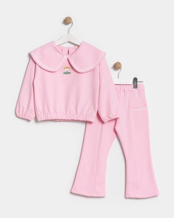 Girls' Cotton Pink Floral Embroidered Ruffle Collar Sweatshirt and Flared Pants Set