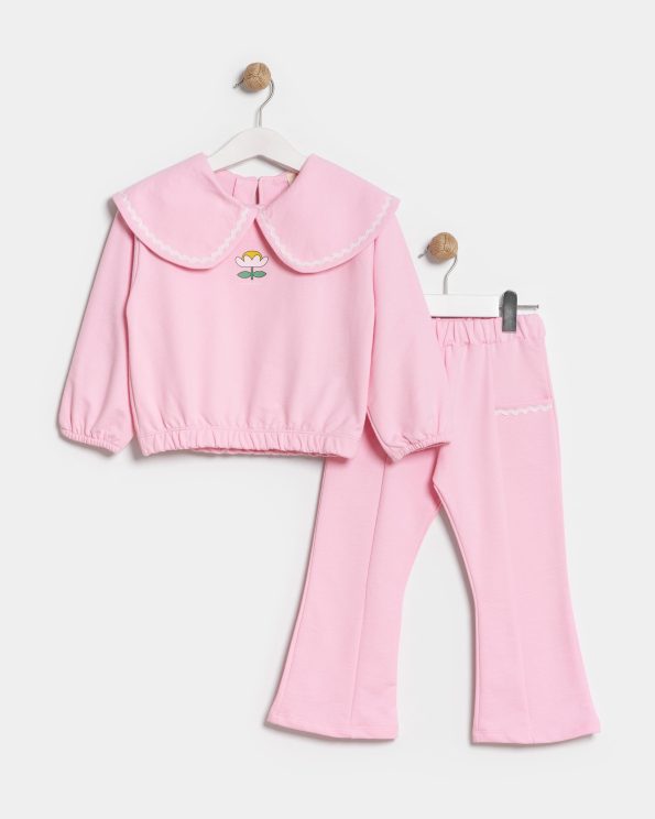 Girls' Cotton Pink Floral Embroidered Ruffle Collar Sweatshirt and Flared Pants Set