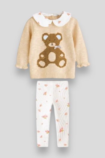 Teddy Pattern Knitted Baby Collar Sweater Leggings Set for Girls