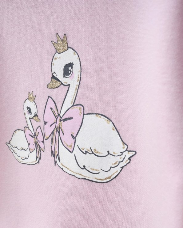 Girls' Cotton Pink Swan Print Sweatshirt and Flared Pants Set