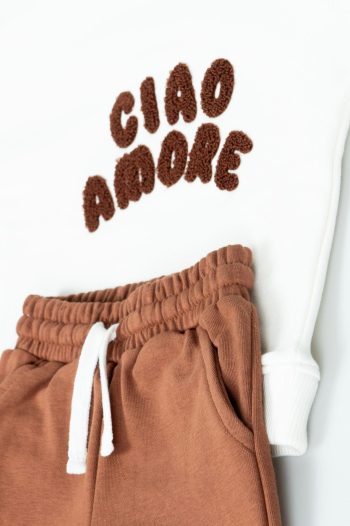 Baby Cotton White Ciao Amore Sweatshirt and Brown Tracksuit Set