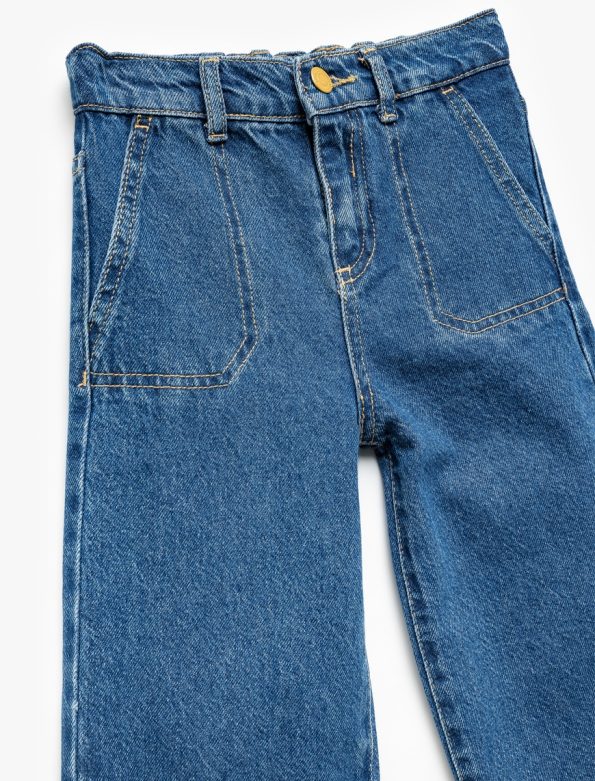 Girls' Cotton Pocket Detail Wide Leg Denim Pants