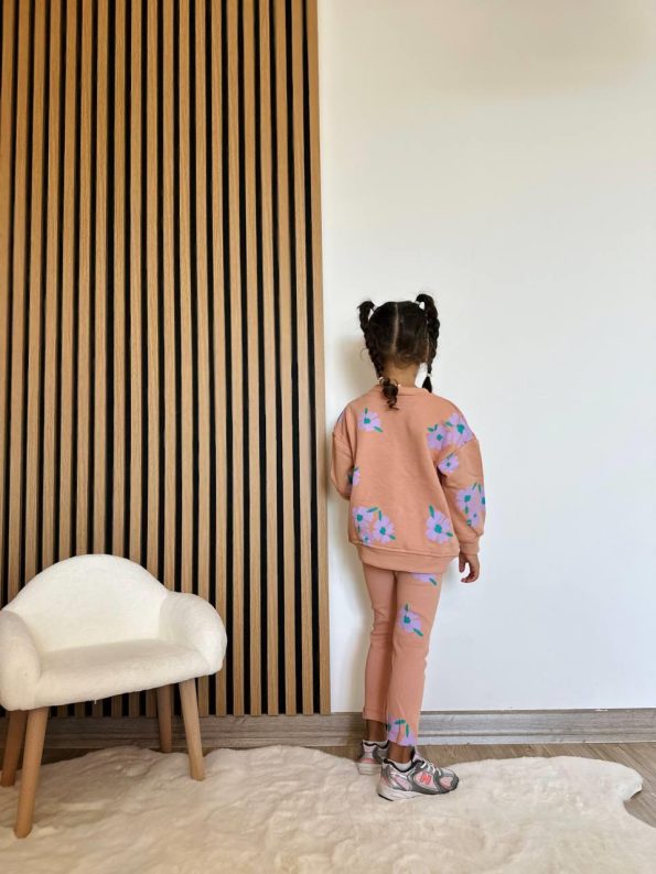 Girls' Cotton Salmon Flower Print Sweatshirt and Leggings Set
