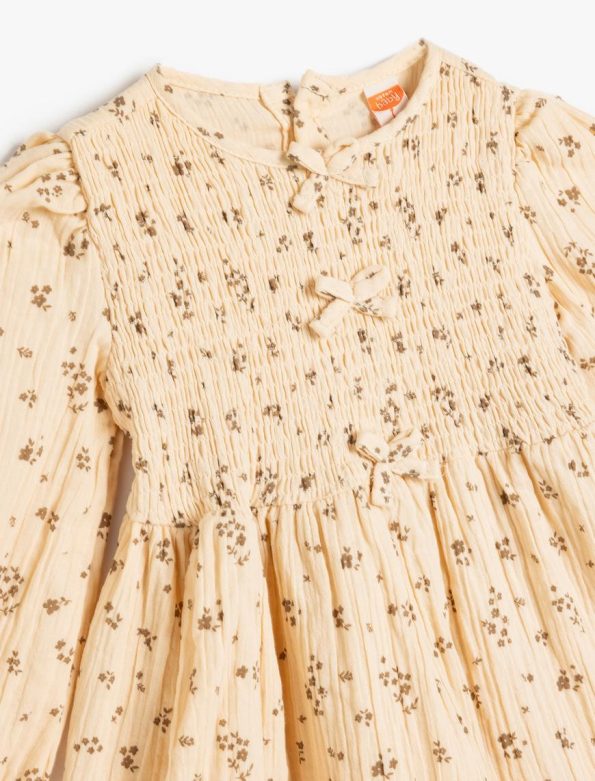 Girls' Cotton Muslin Dress with Bow Detail and Long Sleeves