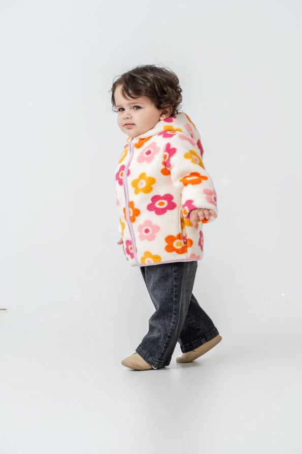 Cotton Flower Patterned Hooded Zipper Jacket for Kids
