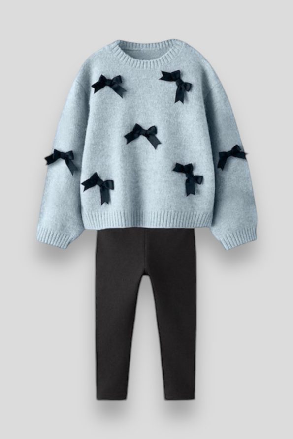 Knitted Bow Detail Sweater and Leggings Set for Girls