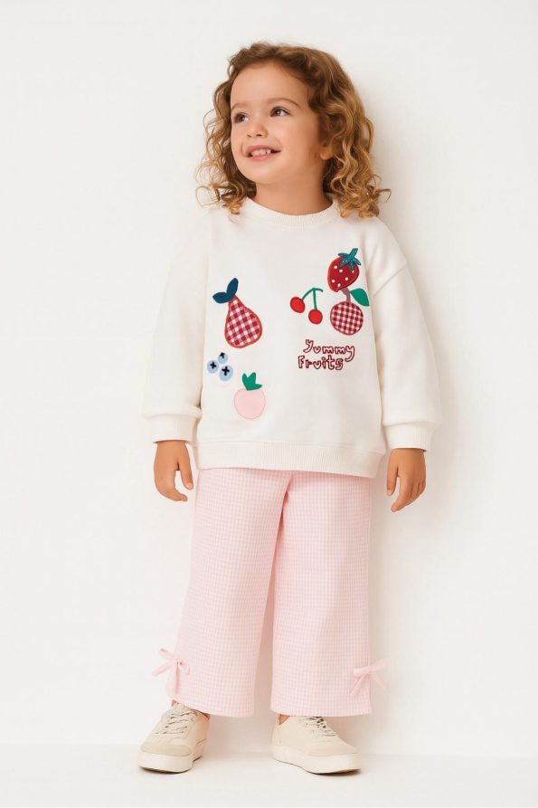 Girls' Cotton Cream Yummy Fruits Sweatshirt and Pink Bow Pants Set