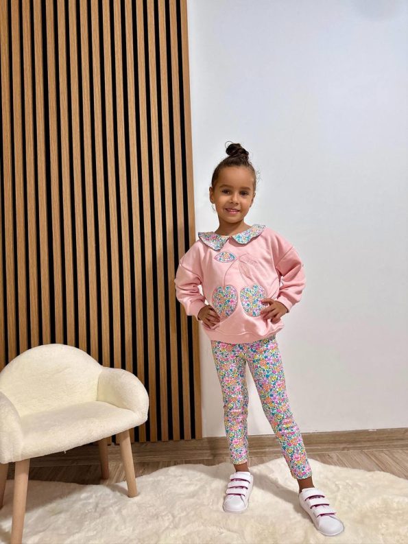 Girls' Cotton Pink Cherry Embroidered Sweatshirt and Floral Pants Set