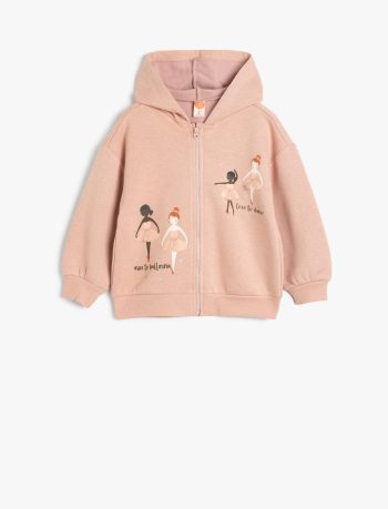Girls' Hooded Zippered Sweatshirt with Ballerina Print
