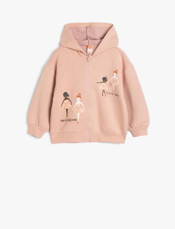 Girls' Hooded Zippered Sweatshirt with Ballerina Print