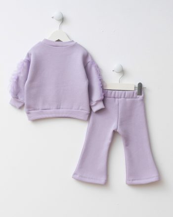 Girls' Cotton Lilac Swan Print Sweatshirt with Flared Pants – Tulle Sleeves