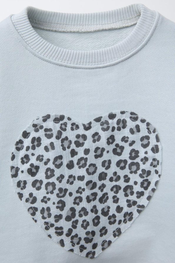 Girls' Cotton Ice Blue Sweatshirt and Leopard Print Leggings Set - Heart Print