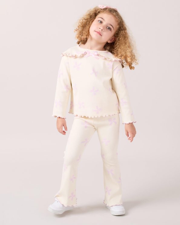 Girls' Cotton Cream Pink Bow Ribbed Set - Long Sleeve Top and Flared Pants