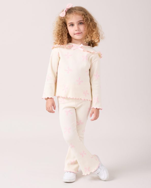 Girls' Cotton Cream Pink Bow Ribbed Set - Long Sleeve Top and Flared Pants