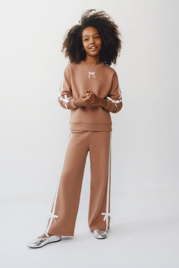 Girls' Cotton Terracotta Bow Embroidered Sweatshirt and Striped Tracksuit Set