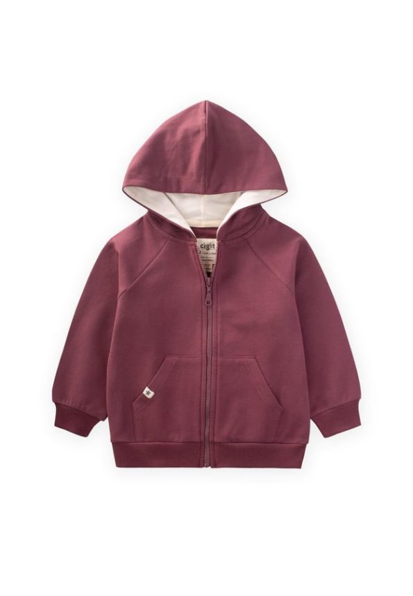 Hooded Zippered Cardigan for Ages 1-14 in Plum