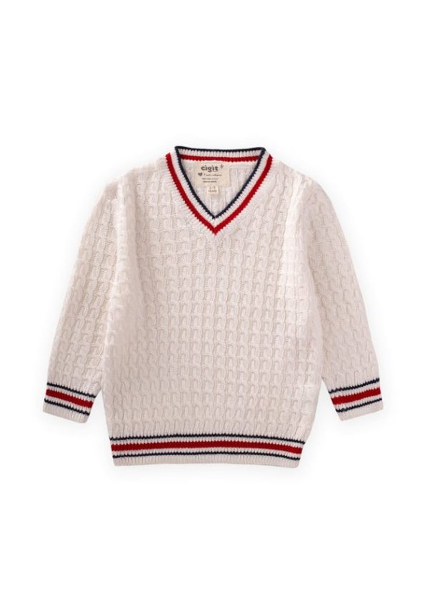 Braided V-Neck Sweater for Ages 2-9 in Ecru